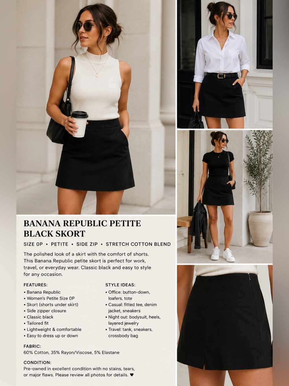 Banana Republic Petite Black Skort Women’s 0P Stretch Side Zip Career Casual
